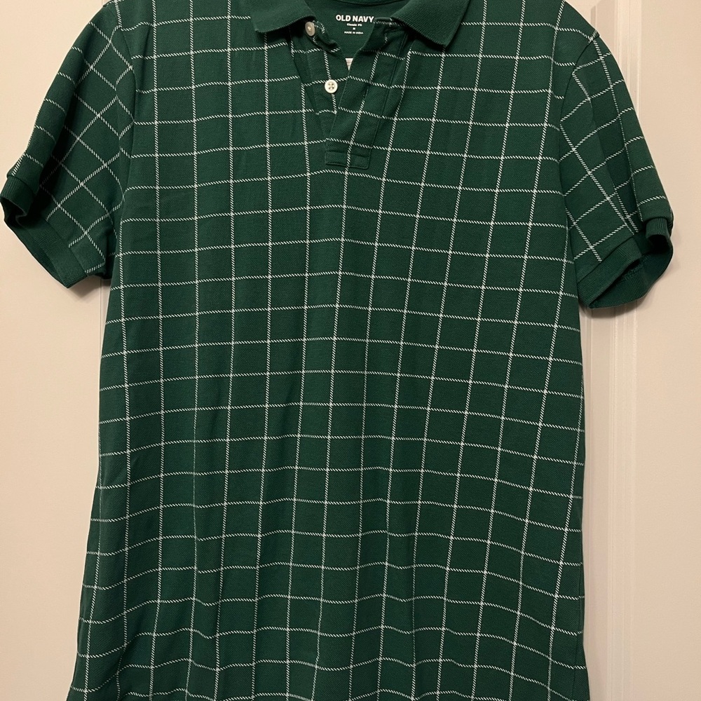 Old Navy Dark Green Polo Shirt with Grid Pattern